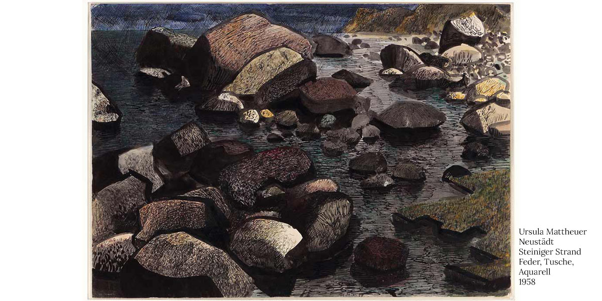 Ursula-Mattheuer-Neustaedt-Steiniger-Strand--Feder,-Tusche,-Aqua